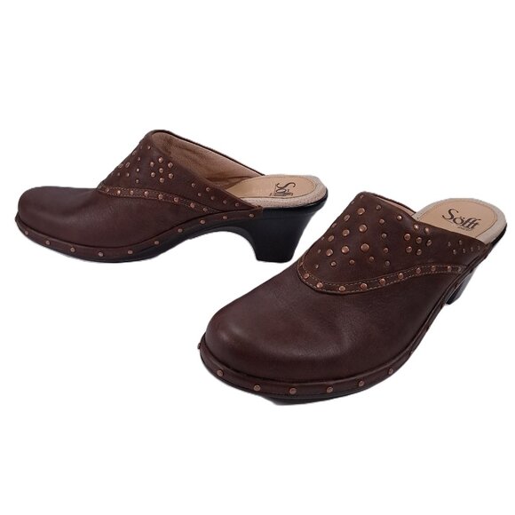 Sofft Mule Clogs Womens 9.5 M Brown Studded Leather Slip On Heel Boho 1009575 - Picture 1 of 14